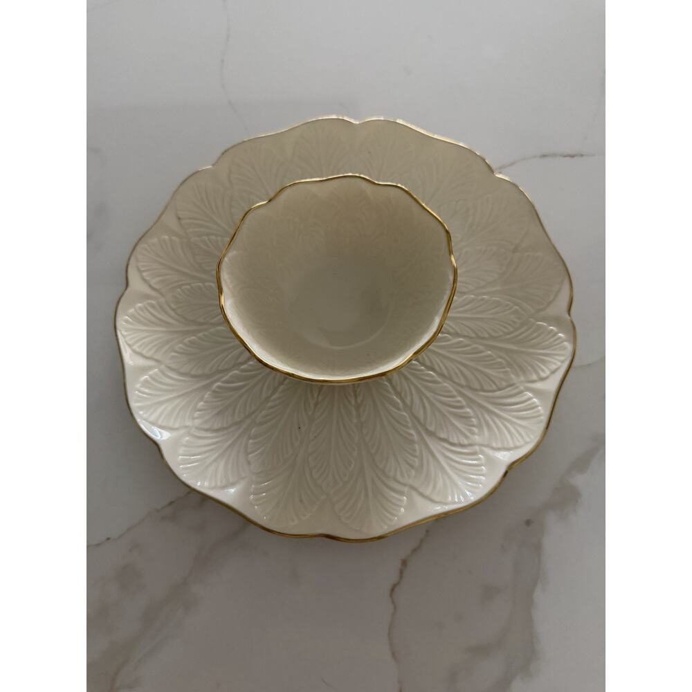 Vintage Lenox 10" Embossed Greenfield Collection CHIP & DIP SET 24k Gold Trim